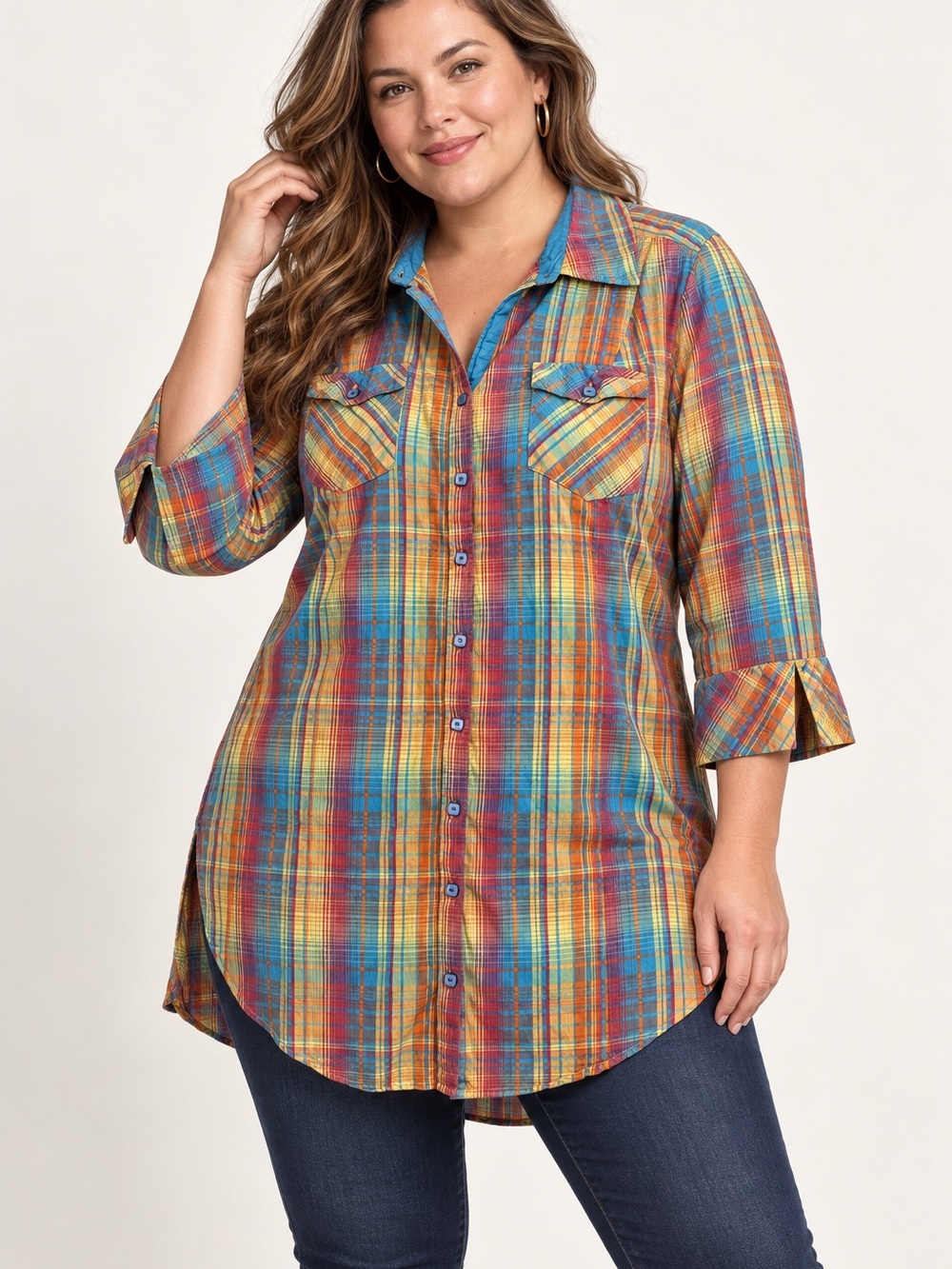Lane Bryant Plaid Tunic Shirt 18/20 Plus Multicolor 3/4 Sleeve 100% Cotton
